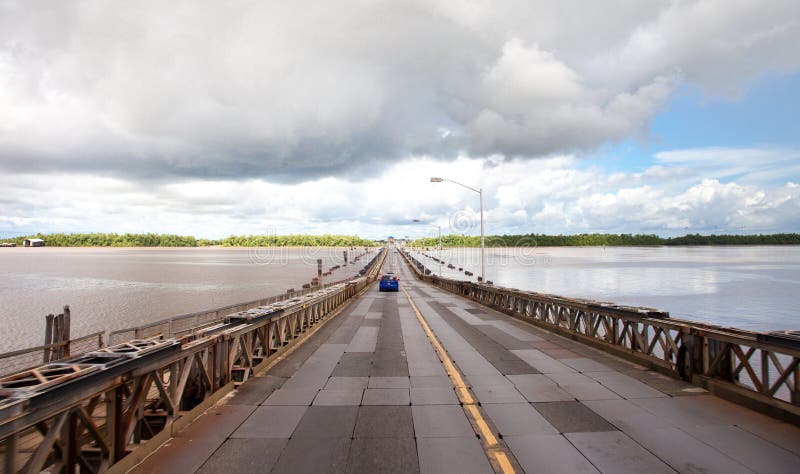 View of the pontoon bridge Demerara Harbour Bridge in Guyana