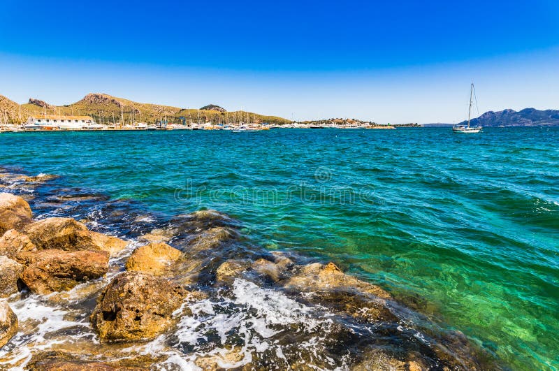 View of Port de Pollensa, seaside landscape at coast of Majorca, Spain