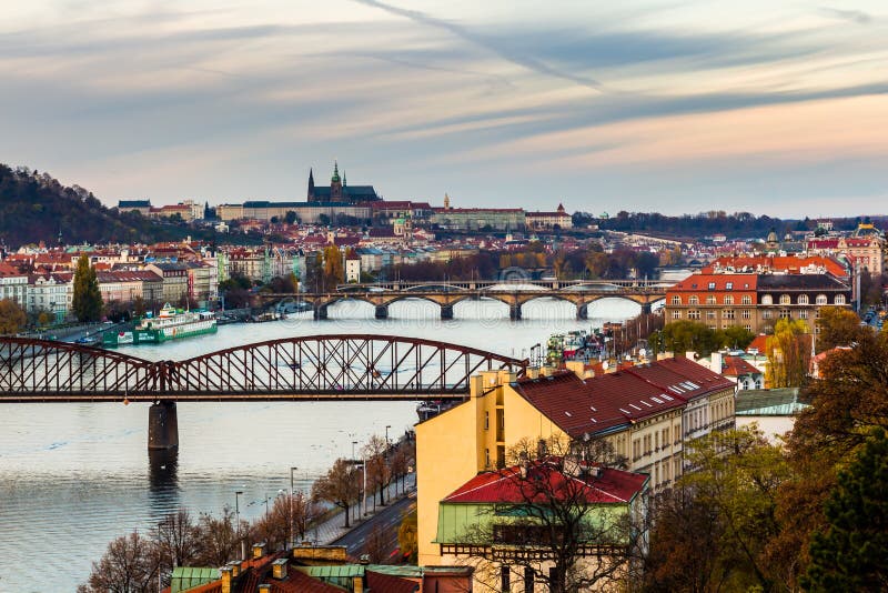 View of the prague castle and railway bridge over vltava/moldau river taken from the vysehrad castle in prague royalty free stock photo View of the prague castle and railway bridge over vltava/moldau river taken from the vysehrad castle in prague royalty free stock photo