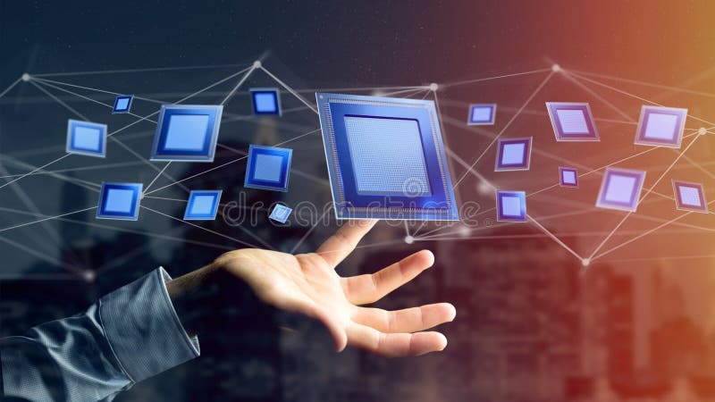 Processor chip and network connection - 3d render stock photos