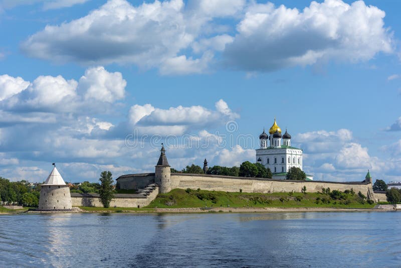 View of Pskov Krom from the Bank of the Velikaya river, a fine summer day