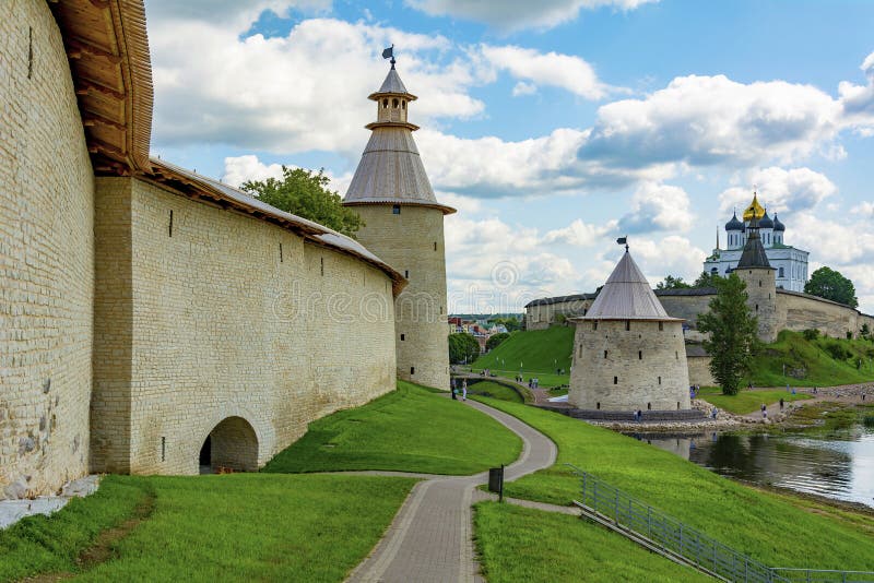 View of Pskov Krom and the wall of the Roundabout city from the Bank of the Velikaya river