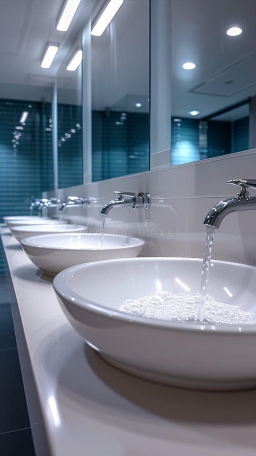 View Public Bathroom Setting Row of White Ceramic Washbasins and
