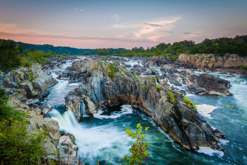 View of rapids in the Potomac River at sunset, at Great Falls Pa stock images