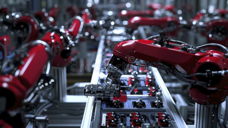 Red robot arms assembling components in factory stock illustration