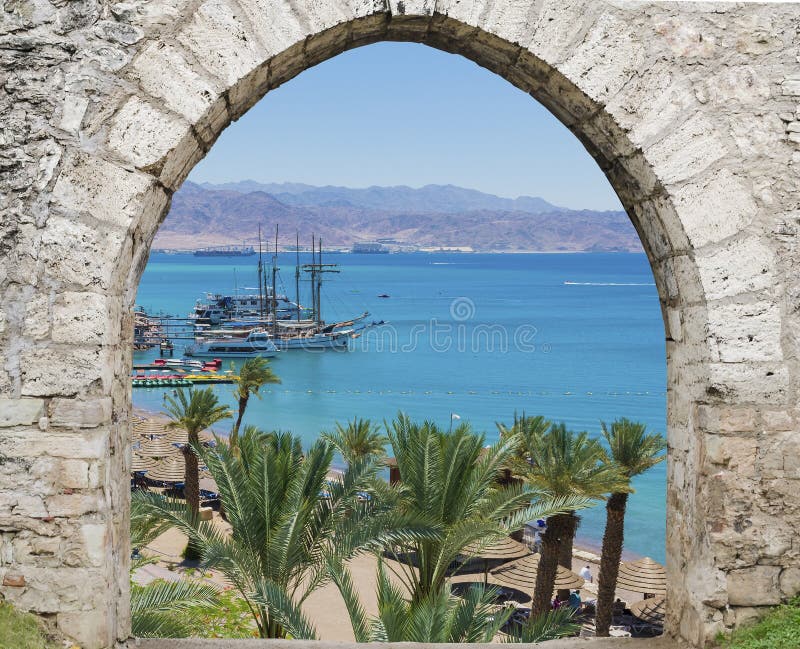 View on the Red sea, yachts and Aqaba, Eilat Israel royalty free stock photos View on the Red sea, yachts and Aqaba, Eilat Israel royalty free stock photos