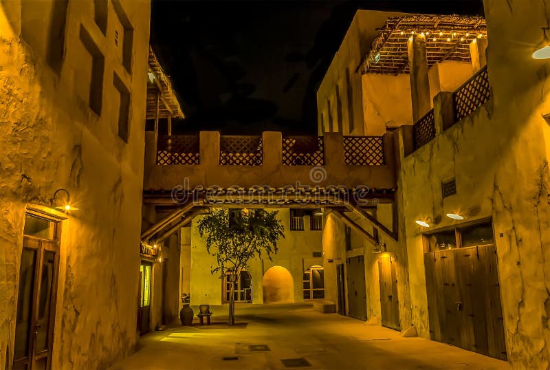 A view of a restored street in the Al Fahidi district at night in Dubai, UAE