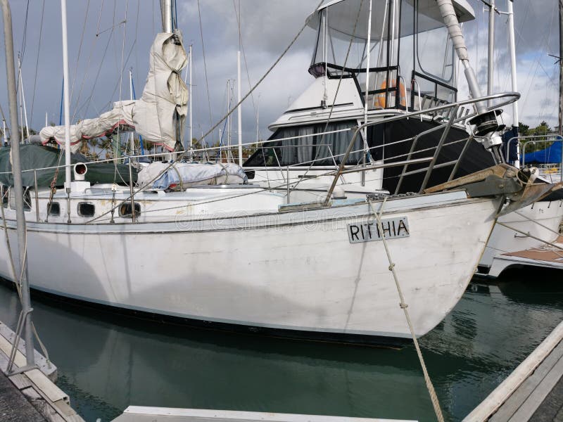 View of Ritihia yacht docked at Pine Harbour Marine in Beachlands