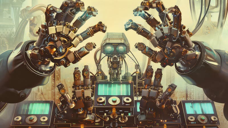 Robot with multiple hands working on many computer terminal steam punk style Generated with AI stock illustration