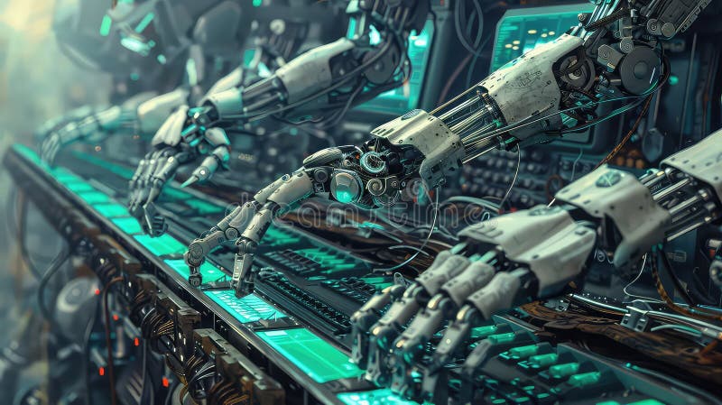 Robot with multiple hands working on many computer terminal steam punk style Generated with AI vector illustration