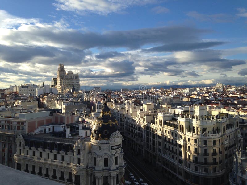 Background View of the Rooftops of Madrid Against the Sky and Clouds