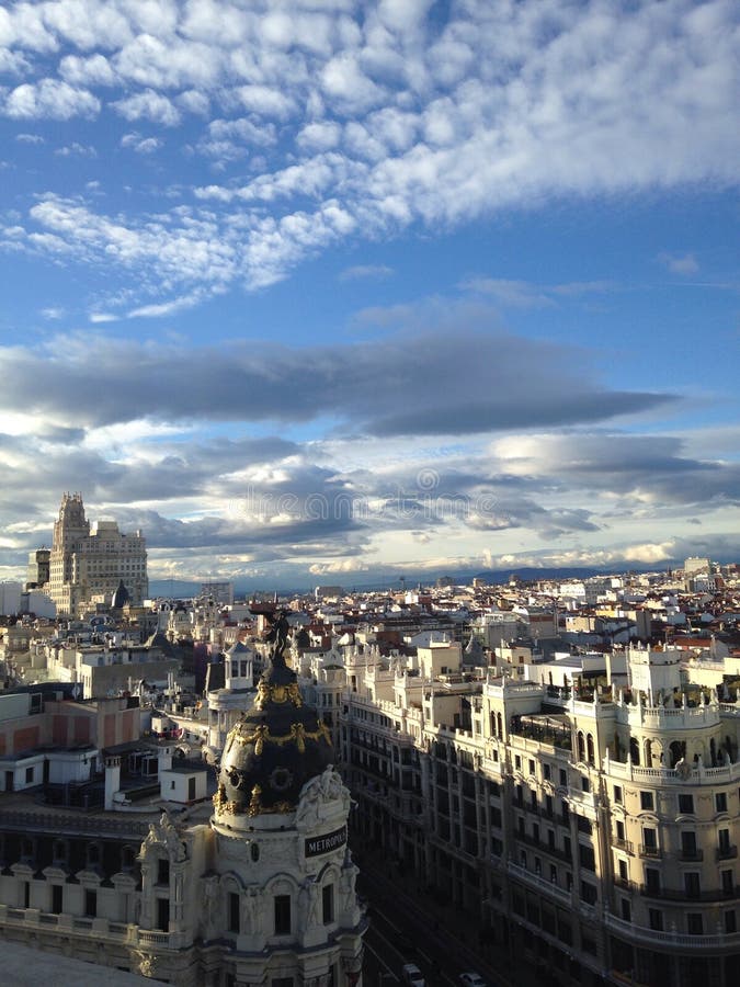 Background View of the Rooftops of Madrid Against the Sky and Clouds