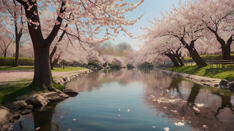 Image generated using AI. Cherry trees in full bloom line both sides of a calm lake, their branches arching over the water. The delicate pink blossoms create a canopy, mirrored in the lake's surface. Sunlight filters through the trees, casting soft shadows on the grassy banks and the water's edge, where smooth rocks are scattered. The scene epitomizes serene, bright weather conditions, with clear skies adding a vibrant backdrop to the tranquil setting. The lush surroundings suggest a peaceful, idyllic landscape. Ai lakes stock images, royalty-free photos and pictures