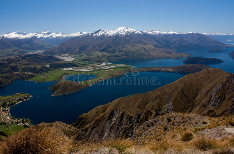 The view from the Roy&x27;s Peak at the blue Lake Wanaka in New Zealand