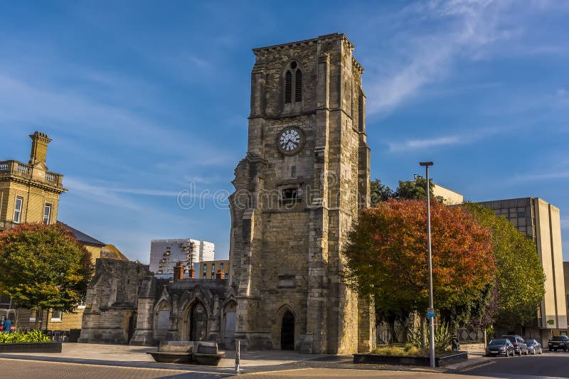 A view of the ruins of a fourteen-century church in Southampton, UK