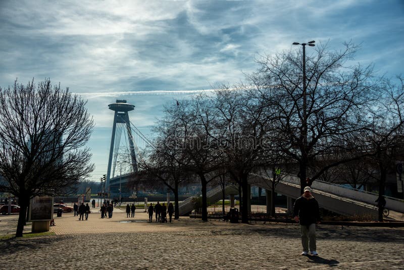 View to Most SNP UFO Bridge in Bratislava stock photography View to Most SNP UFO Bridge in Bratislava stock photography