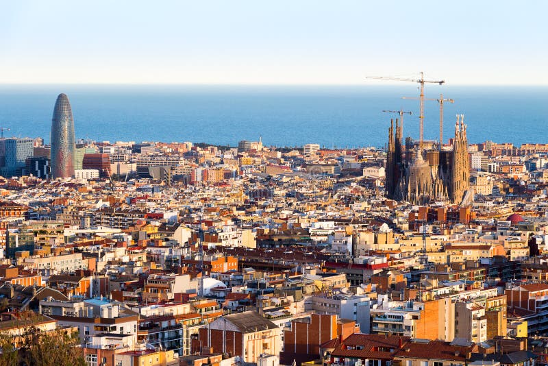 View of Sagrada Familia and Agbar Tower from Park Guell. Barcelona, Spain.