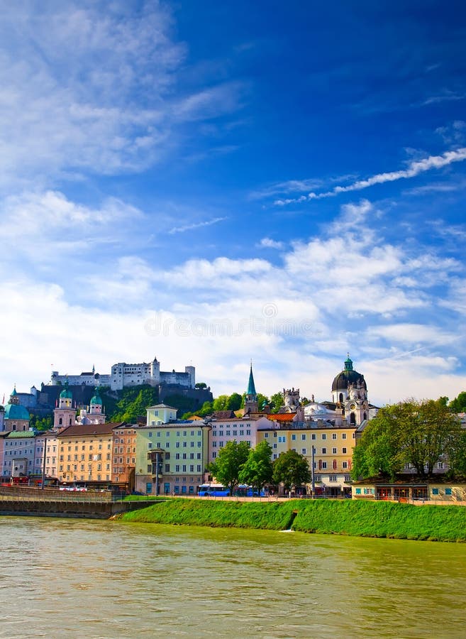 View on Salzach river and Hohensalzburg Fortress