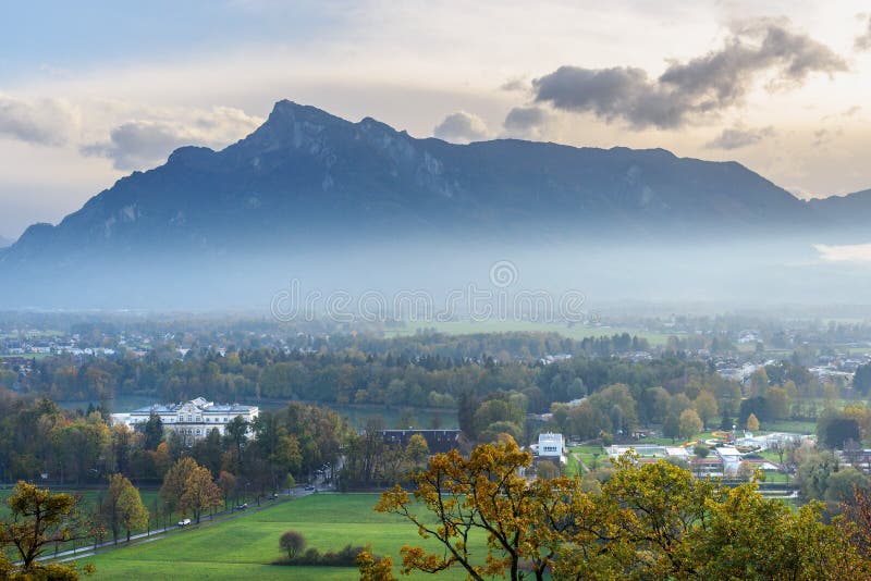 View on Salzburg and Mountain Untersberg from Mountain Monchsberg ...