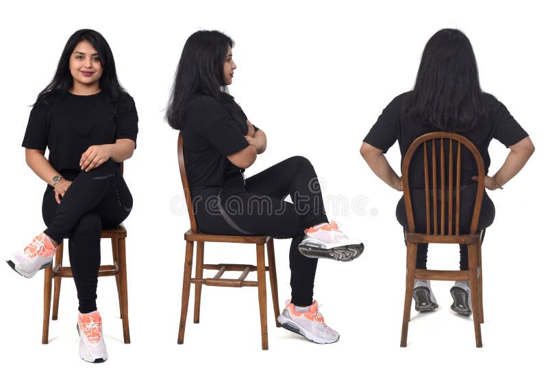 View of same woman of rear, front and side  on white background. View of same woman of rear, front and side  on white background
