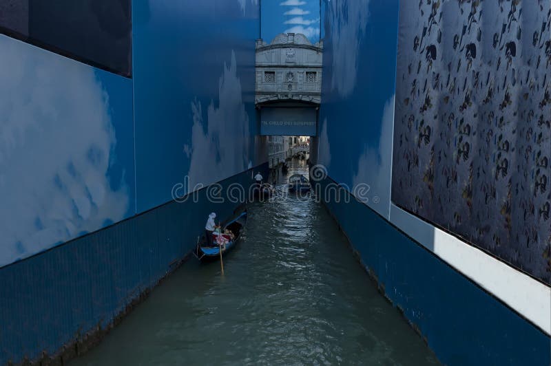 View from the sea at the Gondola pass under The Bridge of Sighs in Venezia
