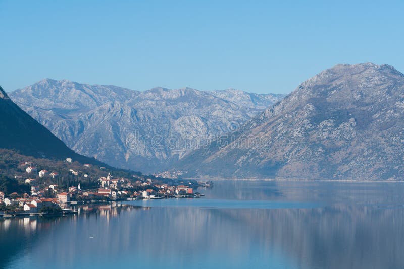 View of seaside town of Prcanj in winter, Montenegro. stock photography View of seaside town of Prcanj in winter, Montenegro. stock photography