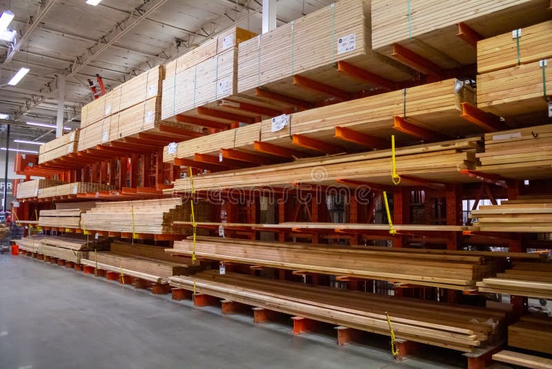 The Wood Aisle at Lowes Home Improvement Store with Stacks of Lumber