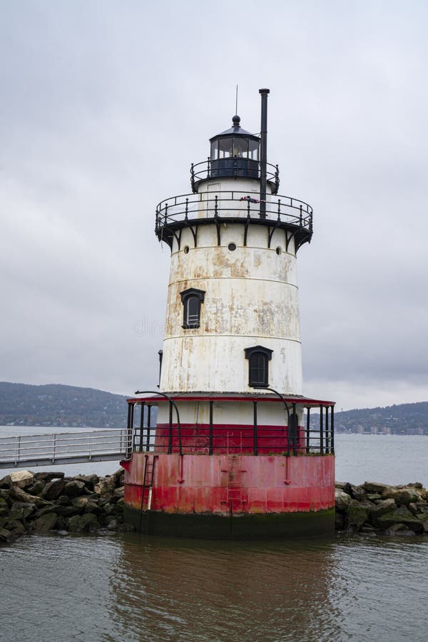 View of Sleepy Hollow lighthouse in Tarrytown over Hudson River on a cloudy day