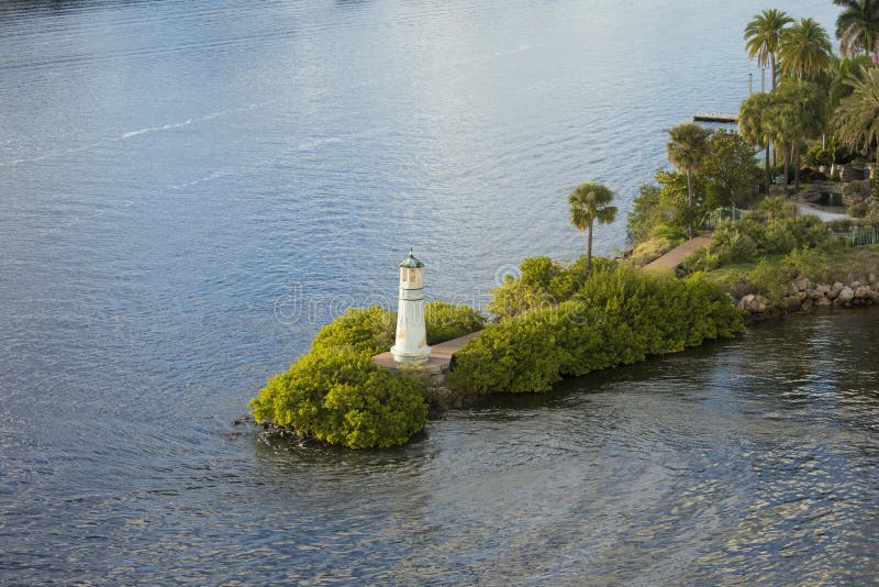 View of the small lighthouse at the end of Harbour Island in Tampa, Florida