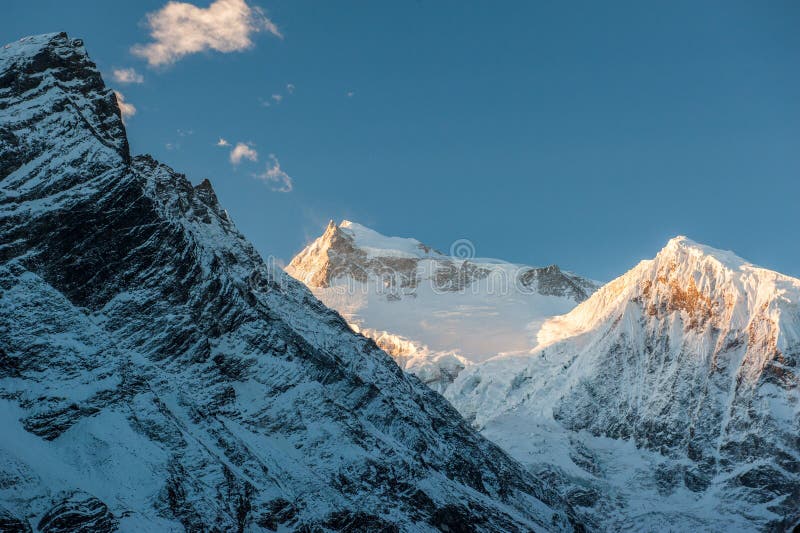 View of snow covered peak of Mount Manaslu during sunrise 8 156 meters with clouds in Himalayas, sunny day at Manaslu Glacier