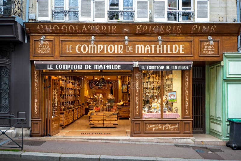 View from the street of Le Comptoir de Mathilde Chocolate shop in the historic Normandy town of Bayeux, France royalty free stock photo View from the street of Le Comptoir de Mathilde Chocolate shop in the historic Normandy town of Bayeux, France royalty free stock photo