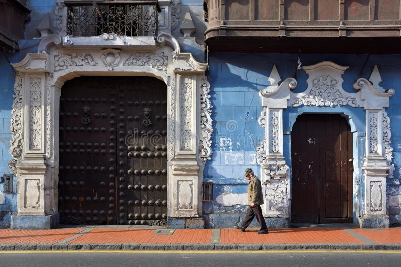 View of a street in the old town of Lima city, Peru