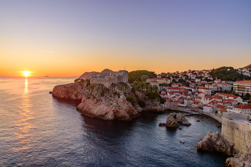 View of sunset with Fort Lovrijenac and Dubrovnik West Harbour in Croatia