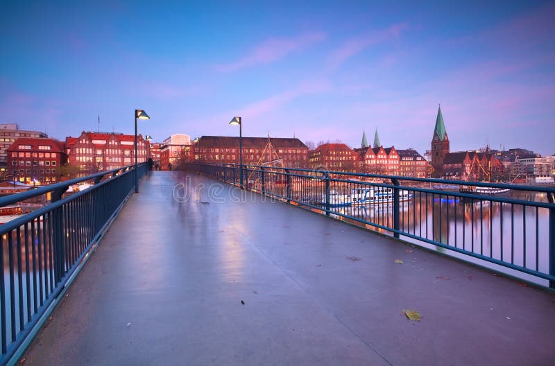 View on sunset over Bremen city from bridge