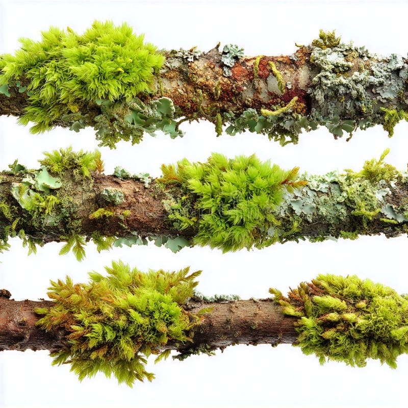 Three branches covered with moss and lichen on white surface stock illustration