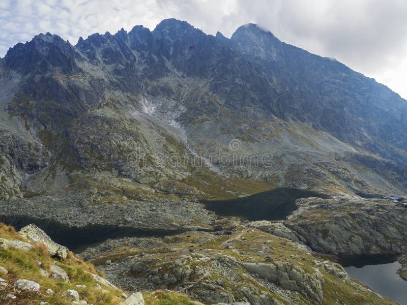 View on three mountain lake Prostredne, Velke and nizne Spisske pleso at the end of the hiking route to the Teryho Chata mountain