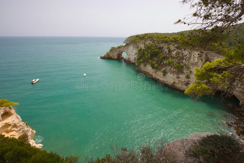 View to the Architiello of San Felice on the coast near Vieste in the province of Foggia in Italy stock images View to the Architiello of San Felice on the coast near Vieste in the province of Foggia in Italy stock images