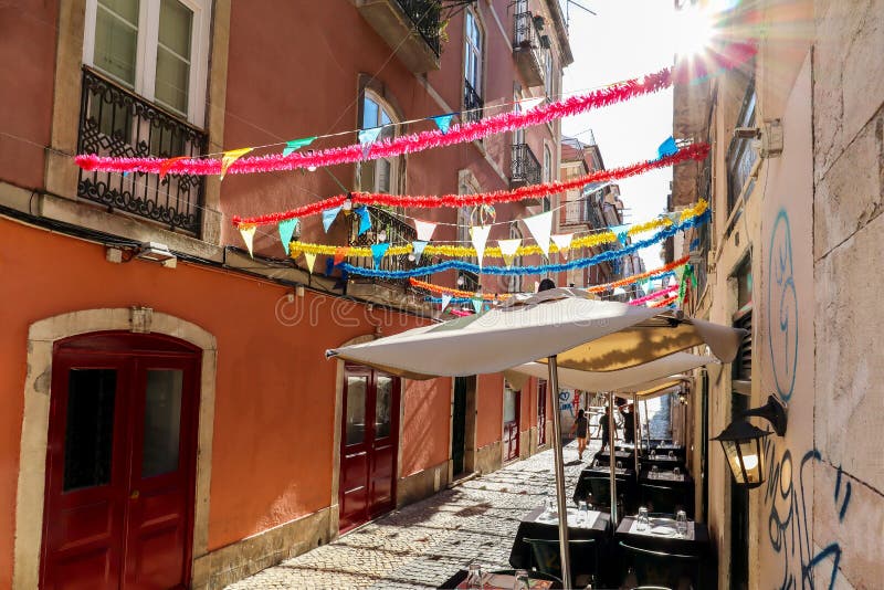 View to the Bairro Alto district in the historic center of Lisbon, traditional facades in the streets of the old town, Portugal royalty free stock image View to the Bairro Alto district in the historic center of Lisbon, traditional facades in the streets of the old town, Portugal royalty free stock image