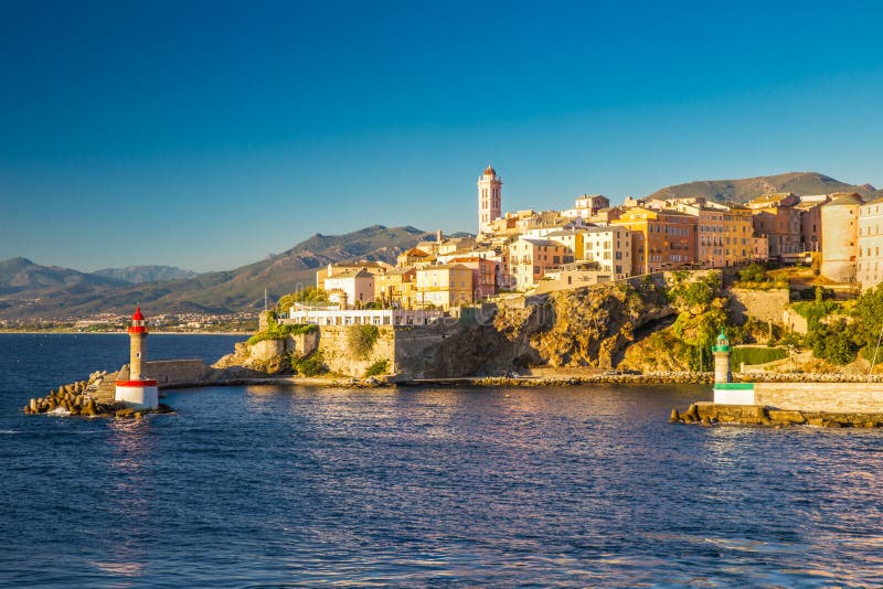 View to Bastia old city center, lighthouse and harbour