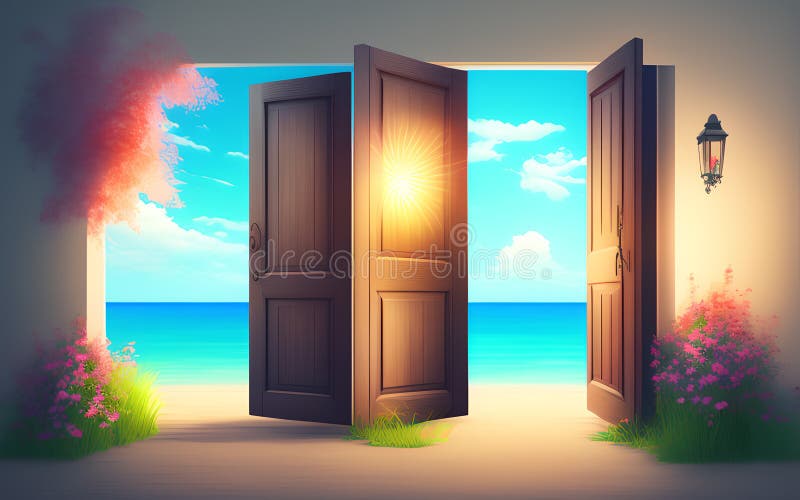 View to the door on summer beach. Generative Al Illustration