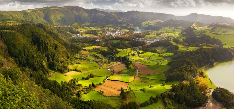 Aerial view to the Furnas city and valley, San Miguel island, Azores