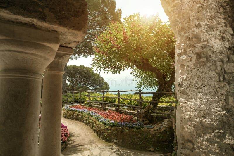 View to the garden at the villa in Ravello. Italy. Wonderful garden terrace of Villa Rufolo, Ravello. Ravello, Amalfi coast, Italy stock photo View to the garden at the villa in Ravello. Italy. Wonderful garden terrace of Villa Rufolo, Ravello. Ravello, Amalfi coast, Italy stock photo