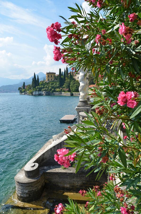 View to the lake Como from villa Monastero. Italy. Pillar column garden stock images, royalty-free photos and pictures