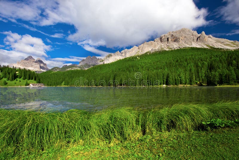 View to Lake Misurina, conifer forest and Dolomites, Italy, Euro royalty free stock photos View to Lake Misurina, conifer forest and Dolomites, Italy, Euro royalty free stock photos