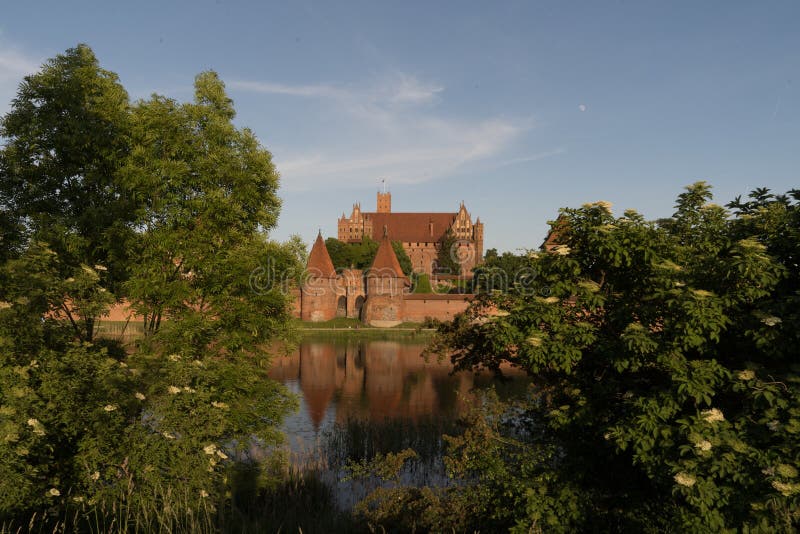 View over the river through bushes to Malbork Castle royalty free stock image