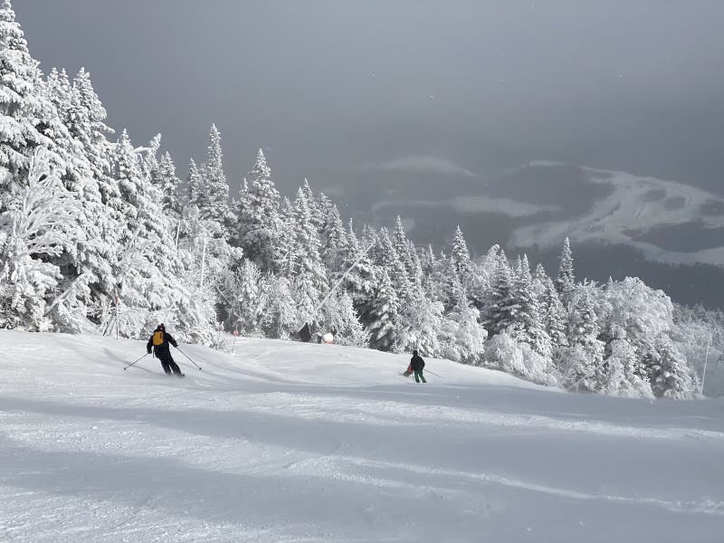 View to ski slopes with lot of fresh powder snow at Stowe Mountain resort VT in early December