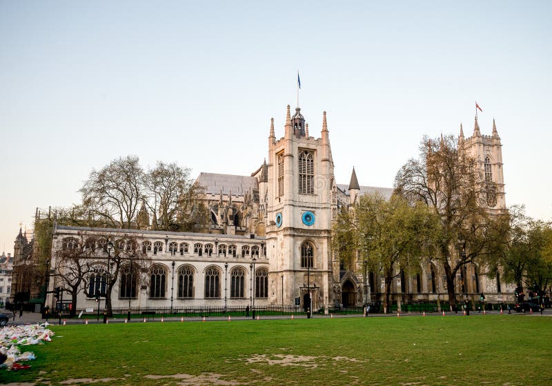A view to St Margaret`s Church from Parliament Square Garden early in the morning in Westminster, London royalty free stock photos A view to St Margaret`s Church from Parliament Square Garden early in the morning in Westminster, London royalty free stock photos