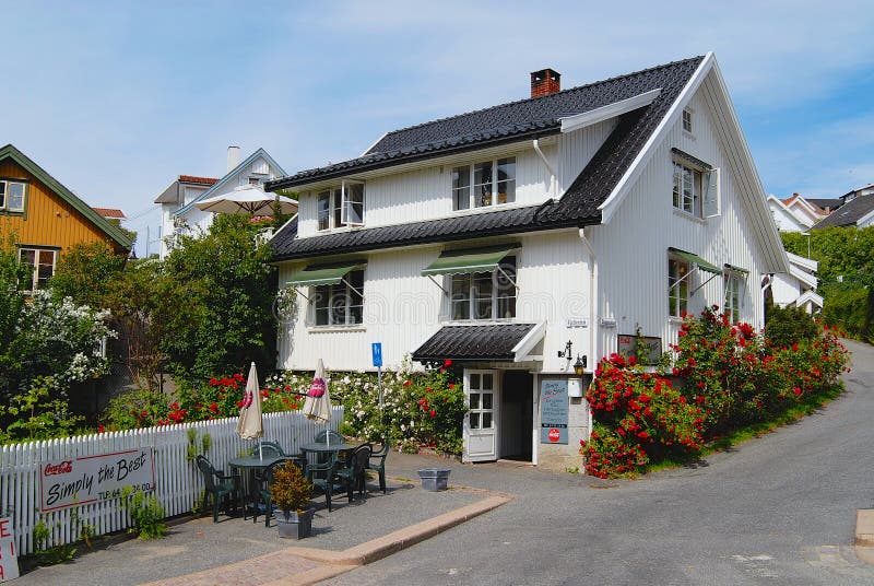 View to the street with traditional Norwegian houses in Drobak, Norway.