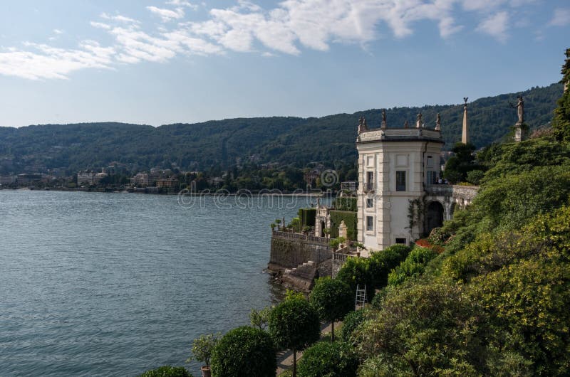 View to Stresa embankment from park on the island of Isola Bella. Lake Maggiore stock photo View to Stresa embankment from park on the island of Isola Bella. Lake Maggiore stock photo