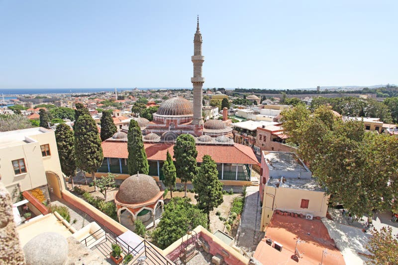 View to Suleiman Mosque from Roloi clock tower in Rhodes old town. Greece.